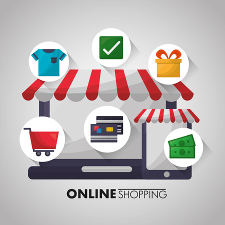 online shopping store shop stickers credit cards car money gift box clothe vector illustrationのイラスト素材