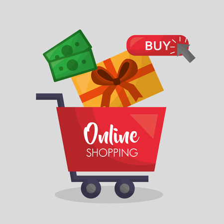 online shopping red car gift box buy money discount things vector illustrationのイラスト素材