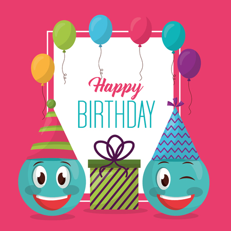 happy birthday frame balloons decoration emojis smiling stinging the eye vector illustrationのイラスト素材