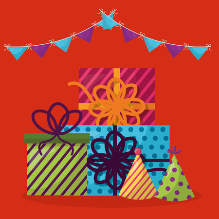 happy birthday pennant gift boxes party hats colors celebrate vector illustrationのイラスト素材