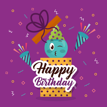 happy birthday emoji party hat geometric figures background sign gift box vector illustrationのイラスト素材
