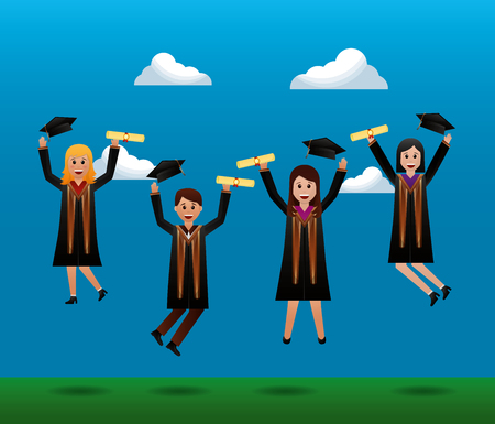 congratulations graduation clouds students jumping smiling happy vector illustrationのイラスト素材