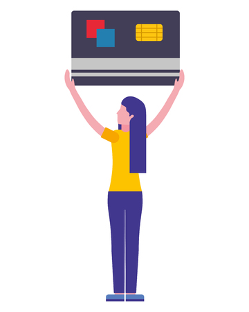 woman back view holding big credit card bank vector illustrationのイラスト素材