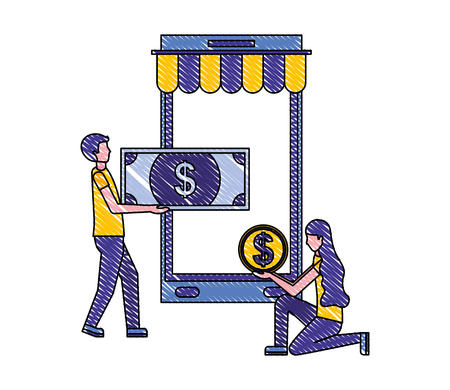 man with banknote and woman coin smartphone buy online vector illustrationのイラスト素材