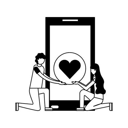 couple with smartphone and heart isolated icon vector illustration designのイラスト素材