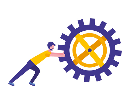 young man pushing gear machine isolated icon vector illustration designのイラスト素材