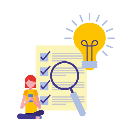 young woman with light bulb and objects vector illustration designのイラスト素材