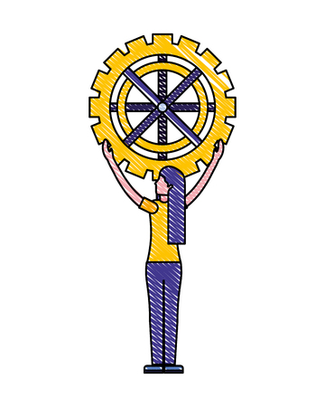 businesswoman holding gear work mechanic vector illustration drawing colorのイラスト素材