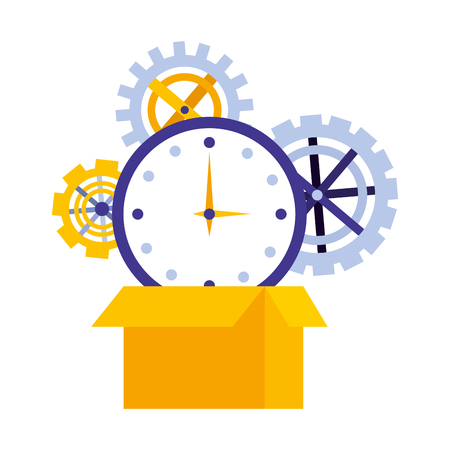 set gears machine with box carton and watch time vector illustration designのイラスト素材