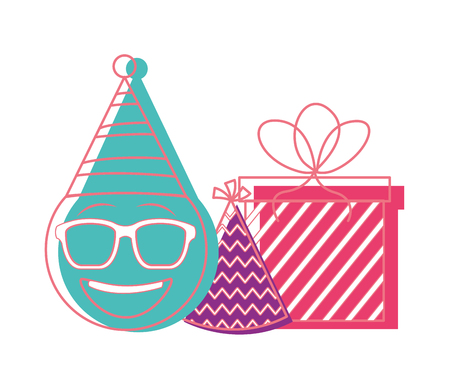 birthday emoji face glasses with party hat and gift vector illustrationのイラスト素材