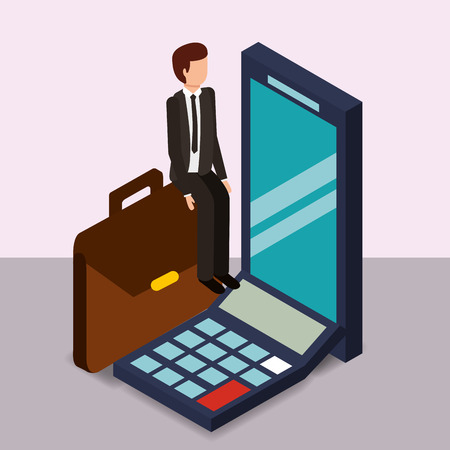 businessman smartphone briefcase calculator money vector illustration isometricのイラスト素材
