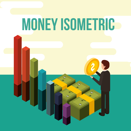 businessman stacked bills coin and statistics bar graph money vector illustration isometricのイラスト素材