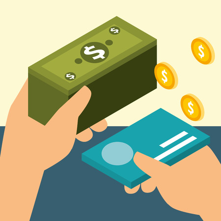 hands with bank card and banknote coins money isometric vector illustrationのイラスト素材