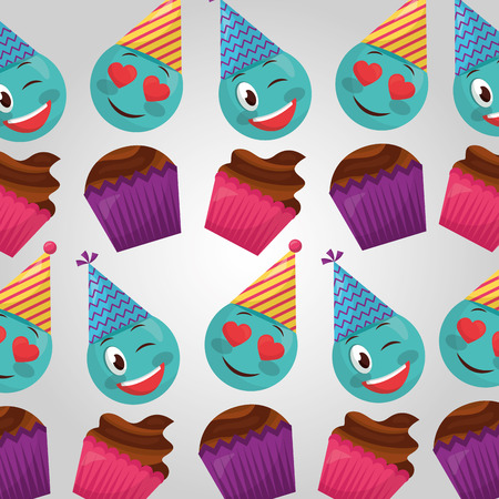 happy birthday cakes flavors emojis making gestures party hats vector illustrationのイラスト素材