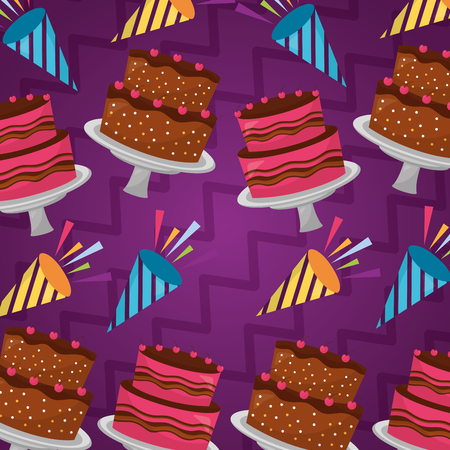 happy birthday cakes strawberrys chocolate rockets background vector illustrationのイラスト素材