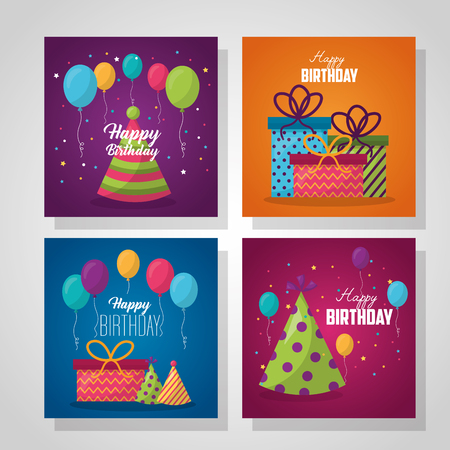 happy birthday labels party celebration cakes gift boxes balloons vector illustrationのイラスト素材