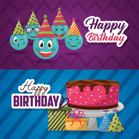 happy birthday labels emojis sign cake gift boxes vector illustrationのイラスト素材