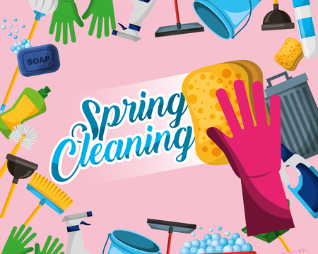 glove with sponge bin mop broom plunger detergent bottle spring cleaning vector illustrationのイラスト素材