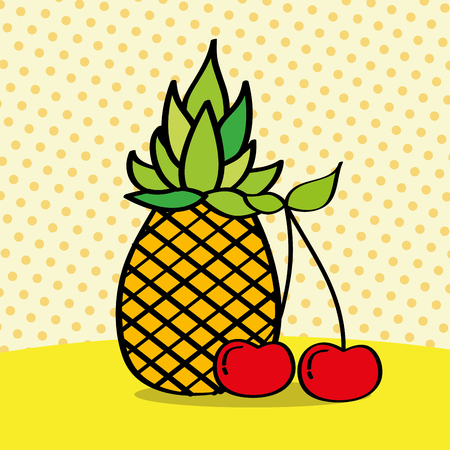 fresh pineapple and cherries on dotted background vector illustrationのイラスト素材