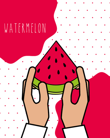 hands holding fresh watermelon natural dots background vector illustrationの写真素材