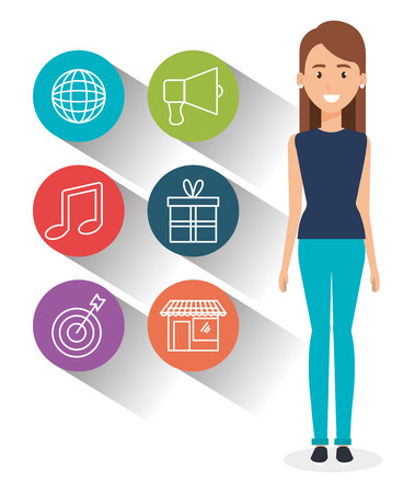 young woman with social media icons vector illustration designのイラスト素材