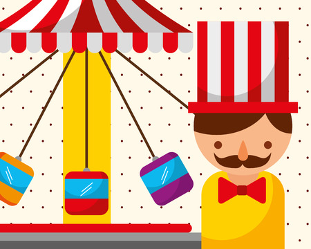 man and swinging carousel with seats carnival fun fair festival vector illustrationのイラスト素材