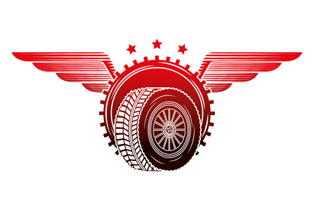 industry automotive wheel car gear wings emblem vector illustration red neonのイラスト素材