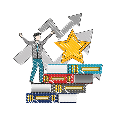 businessman climbing pile books arrow up star award vector illustrationのイラスト素材