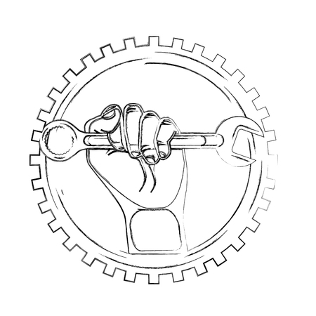 hand holding wrench tool gear industry automotive vector illustration vector illustrationのイラスト素材