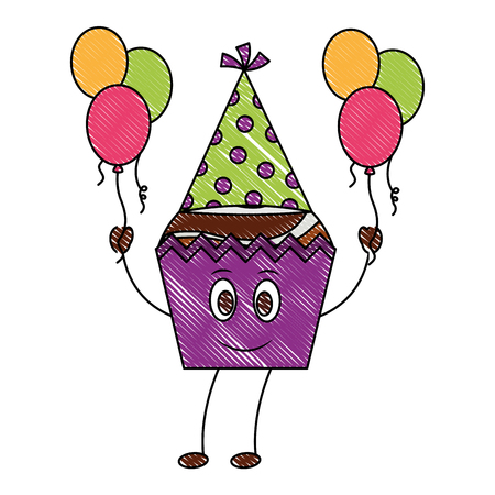 sweet cupcake with hat party and balloons helium kawaii character vector illustration designのイラスト素材
