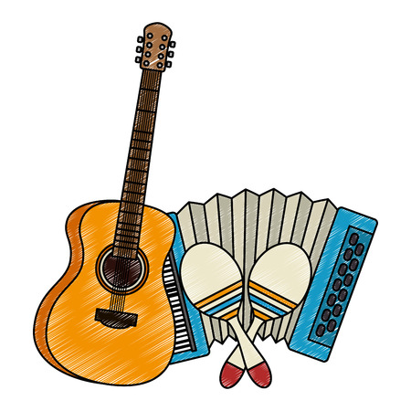 accordion with guitar and maracas tropical instruments vector illustrationのイラスト素材