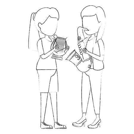 women playing harp and saxophone characters vector illustration designのイラスト素材