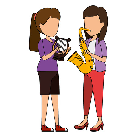women playing harp and saxophone characters vector illustration designのイラスト素材