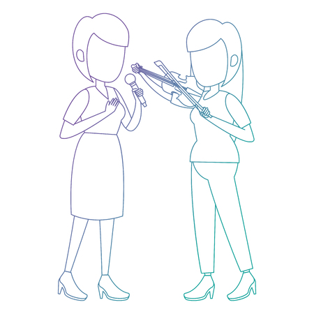 women singing with microphone and playing fiddle vector illustrationのイラスト素材