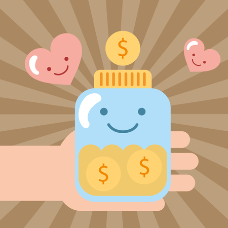 hand holding jar kawaii coins money donate charity vector illustrationのイラスト素材