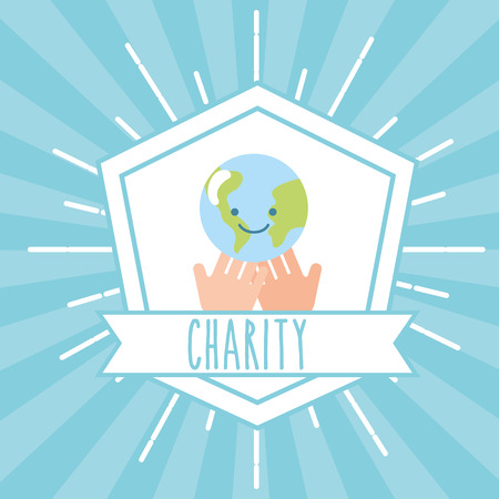 hands with kawaii world retro emblem charity vector illustrationのイラスト素材