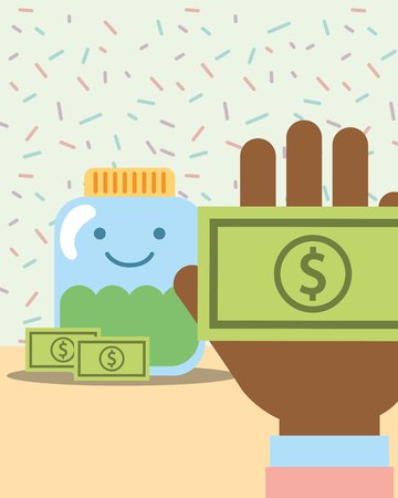 hand with money and kawaii jar banknote charity vector illustrationのイラスト素材