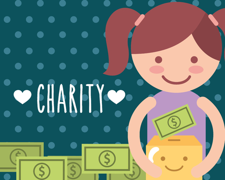little girl with cardboard box money kawaii charity vector illustrationのイラスト素材