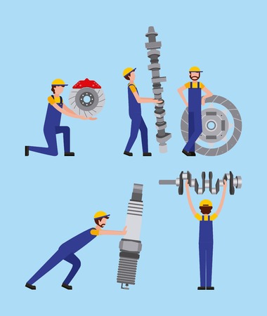 automotive industry workers with differents spare parts car vector illustrationのイラスト素材