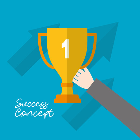 success concept hand holding trophy arrows background sign vector illustrationのイラスト素材
