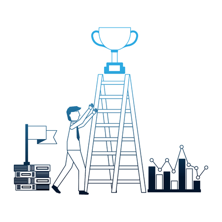 businessman with stairs trophy on top flag diagram vector illustration neonのイラスト素材