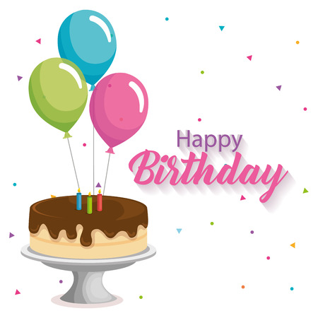 happy birthday card with cake and balloons helium vector illustration designのイラスト素材