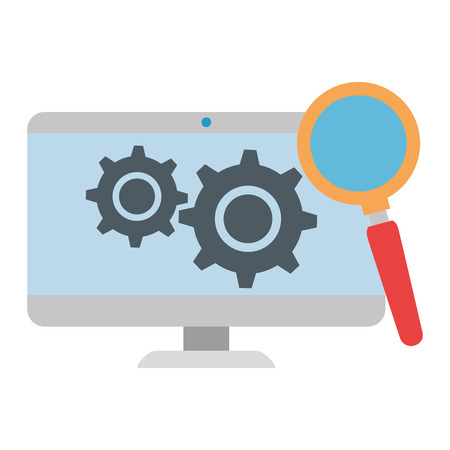 monitor computer with gears and magnifying glass vector illustrationのイラスト素材