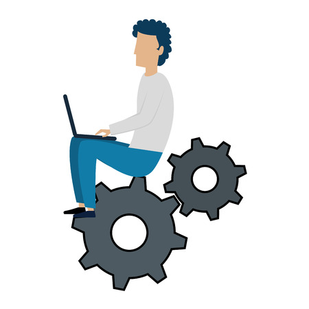 young man working with laptop in gears vector illustration designのイラスト素材