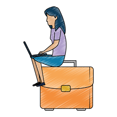 young woman working with laptop in portfolio vector illustration designのイラスト素材