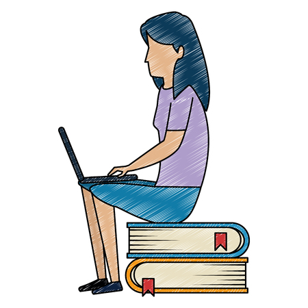 young woman working with laptop in books vector illustration designのイラスト素材