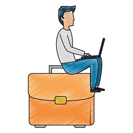 young man working with laptop in portfolio vector illustration designのイラスト素材