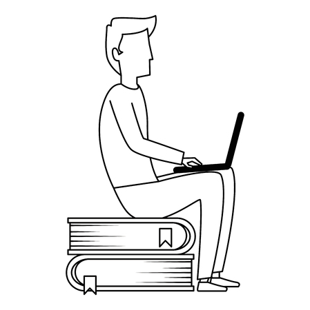 young man working with laptop in books vector illustration designのイラスト素材