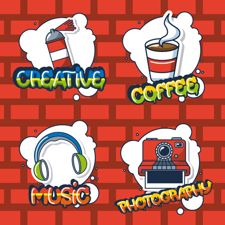 creative idea stickers sign headphones   photo spray paiting coffee vector illustrationのイラスト素材
