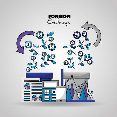 foreign exchange plant leaves dollar euro paper probability statistics calculator smartphone vector illustrationのイラスト素材